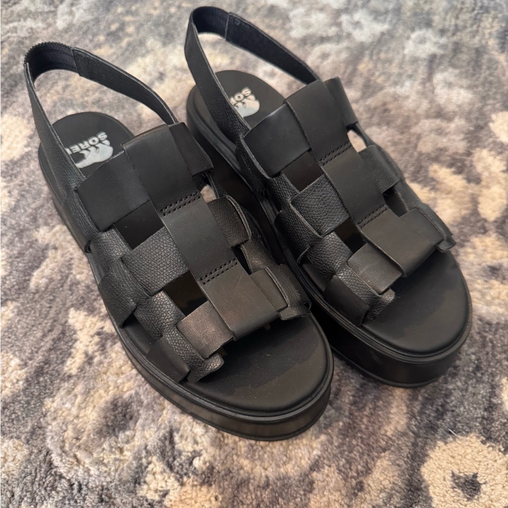 NWT Sorel Leather Black Woven Platform Sandals